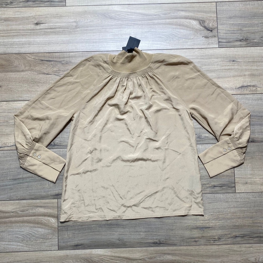 Club Monaco Women Rib Neck‎ Blouson Sleeve Blouse Size XS Tan Relaxed Fit